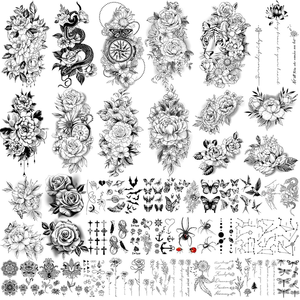 49 Sheets Large Sexy Flowers Collection Waterproof Temporary Tattoos Lasting Fake Tattoos for Women and Girls.