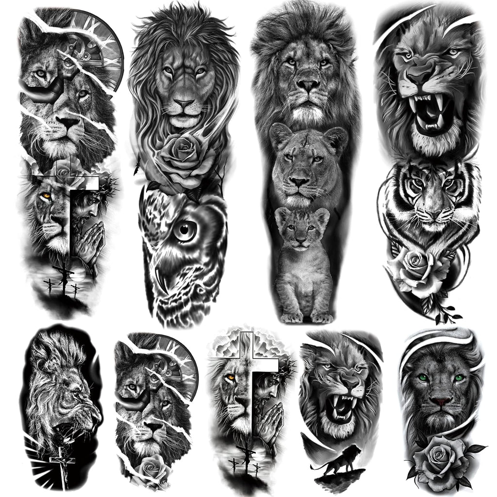 Lion Tattoo Stickers, 4-Sheet Full Sleeve Tattoo Big Tattoos Temporary, 5-Sheet Half Full Arm Temporary Tattoo for Adult Kids Women Makeup