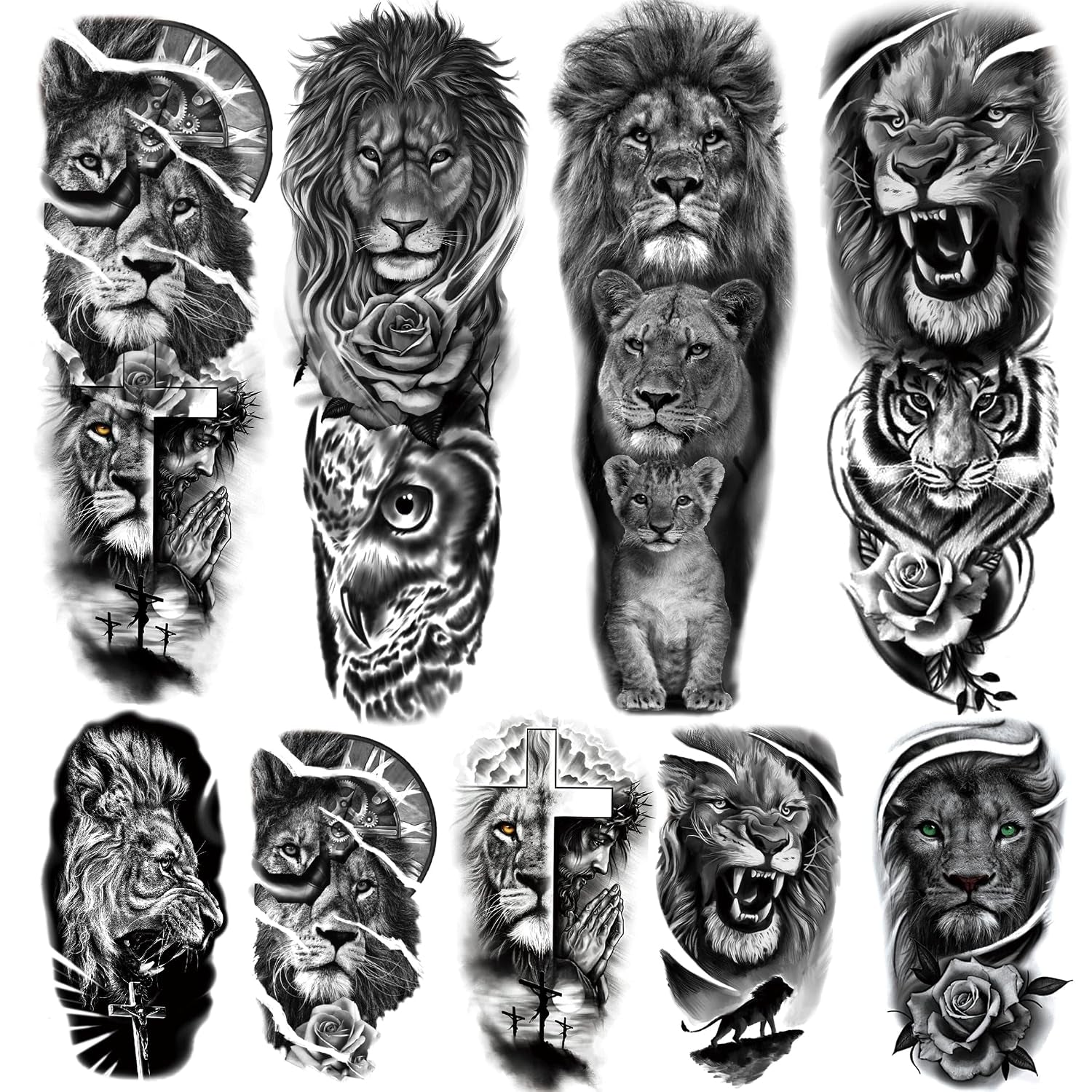 Lion Tattoo Stickers, 4-Sheet Full Sleeve Tattoo Big Tattoos Temporary, 5-Sheet Half Full Arm Temporary Tattoo for Adult Kids Women Makeup
