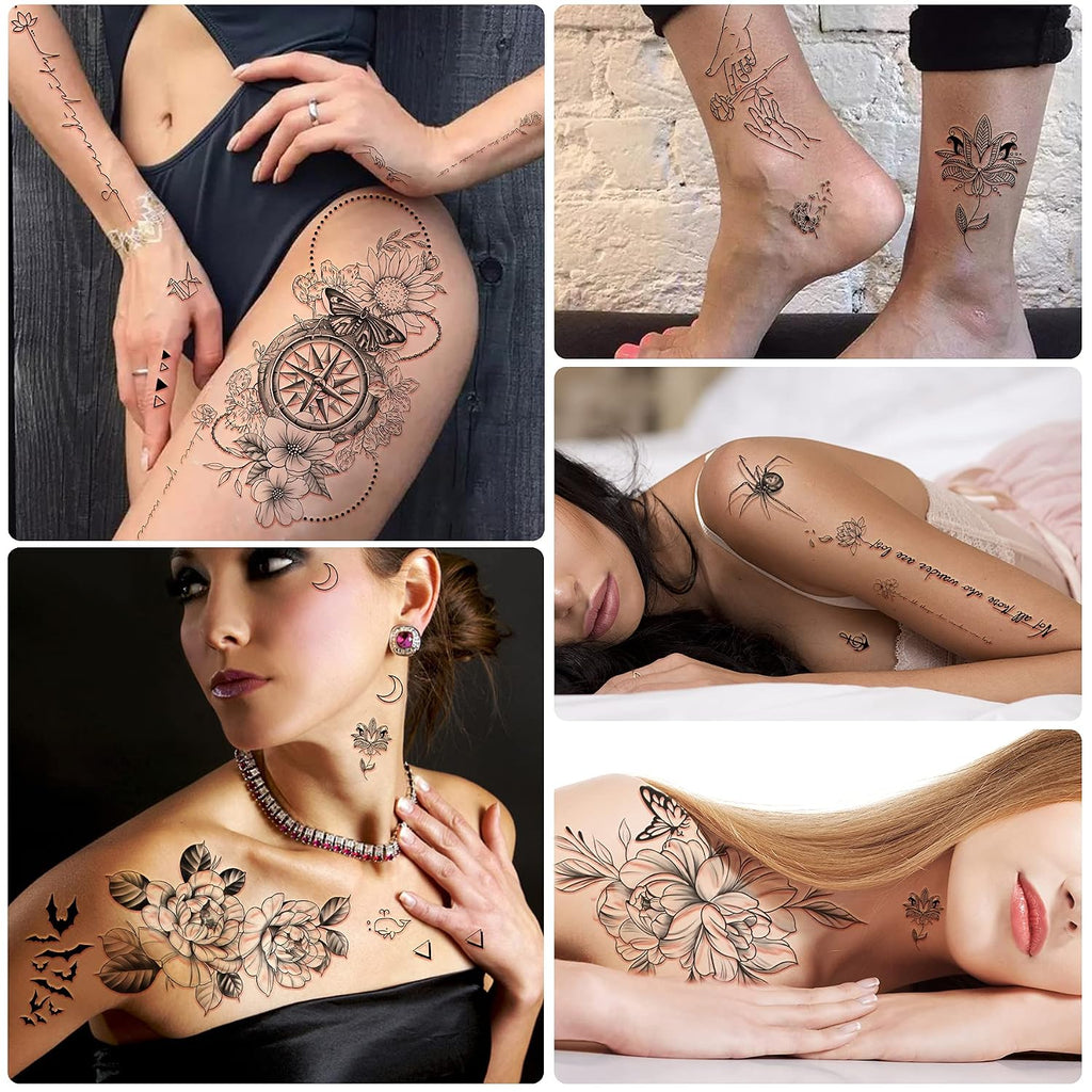 49 Sheets Large Sexy Flowers Collection Waterproof Temporary Tattoos Lasting Fake Tattoos for Women and Girls.