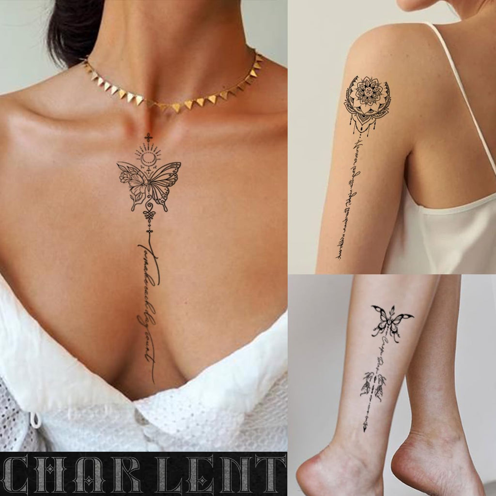 Temporary Tattoos for Women Girls - 45 Pcs Line Flower Words Sketch Realistic Long Last Fake Tattoos Waterproof Minimal Line Art Tattoos for Arm Backbone Leg Body