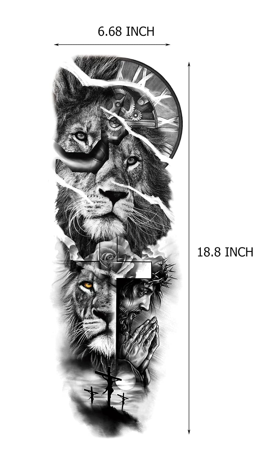 6 Sheets Realistic Lion King Long Full Temporary Tattoos for Women Men Kids Adults, Large Wolf Animal Fake Temporary Tattoo Sleeves Waterproof Leg Arm Temp Tatoos Fake Tattoos