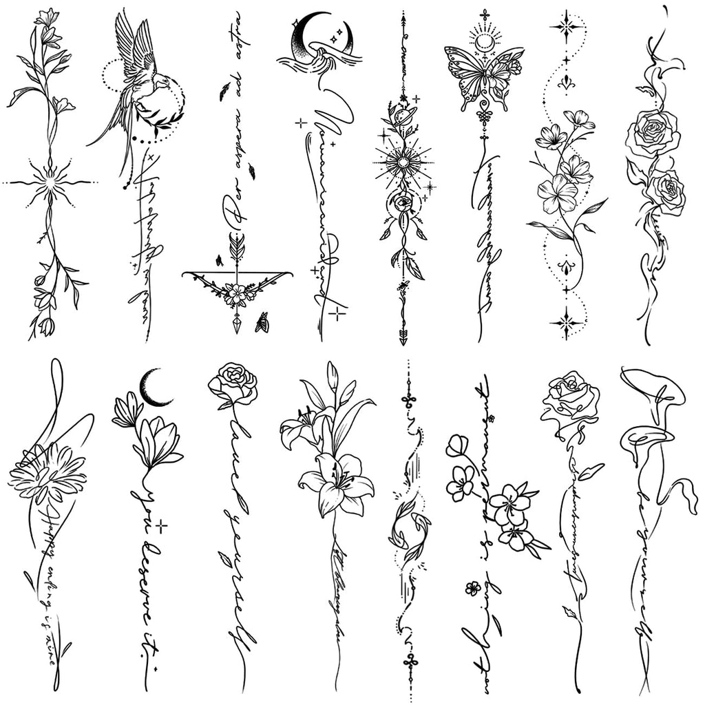 Temporary Tattoos for Women Girls - 45 Pcs Line Flower Words Sketch Realistic Long Last Fake Tattoos Waterproof Minimal Line Art Tattoos for Arm Backbone Leg Body