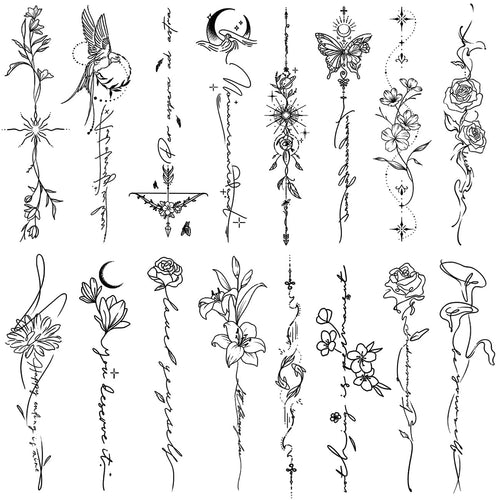 Temporary Tattoos for Women Girls - 45 Pcs Line Flower Words Sketch Realistic Long Last Fake Tattoos Waterproof Minimal Line Art Tattoos for Arm Backbone Leg Body