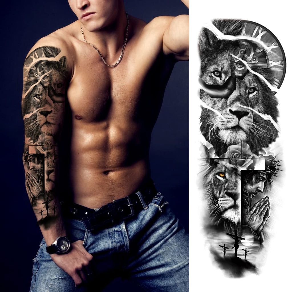 Lion Tattoo Stickers, 4-Sheet Full Sleeve Tattoo Big Tattoos Temporary, 5-Sheet Half Full Arm Temporary Tattoo for Adult Kids Women Makeup