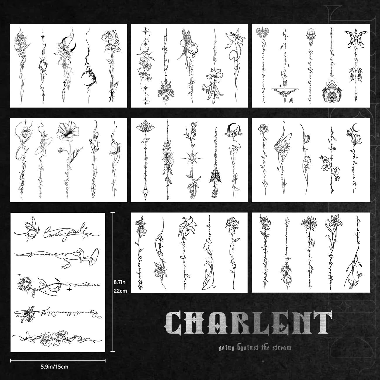 Temporary Tattoos for Women Girls - 45 Pcs Line Flower Words Sketch Realistic Long Last Fake Tattoos Waterproof Minimal Line Art Tattoos for Arm Backbone Leg Body