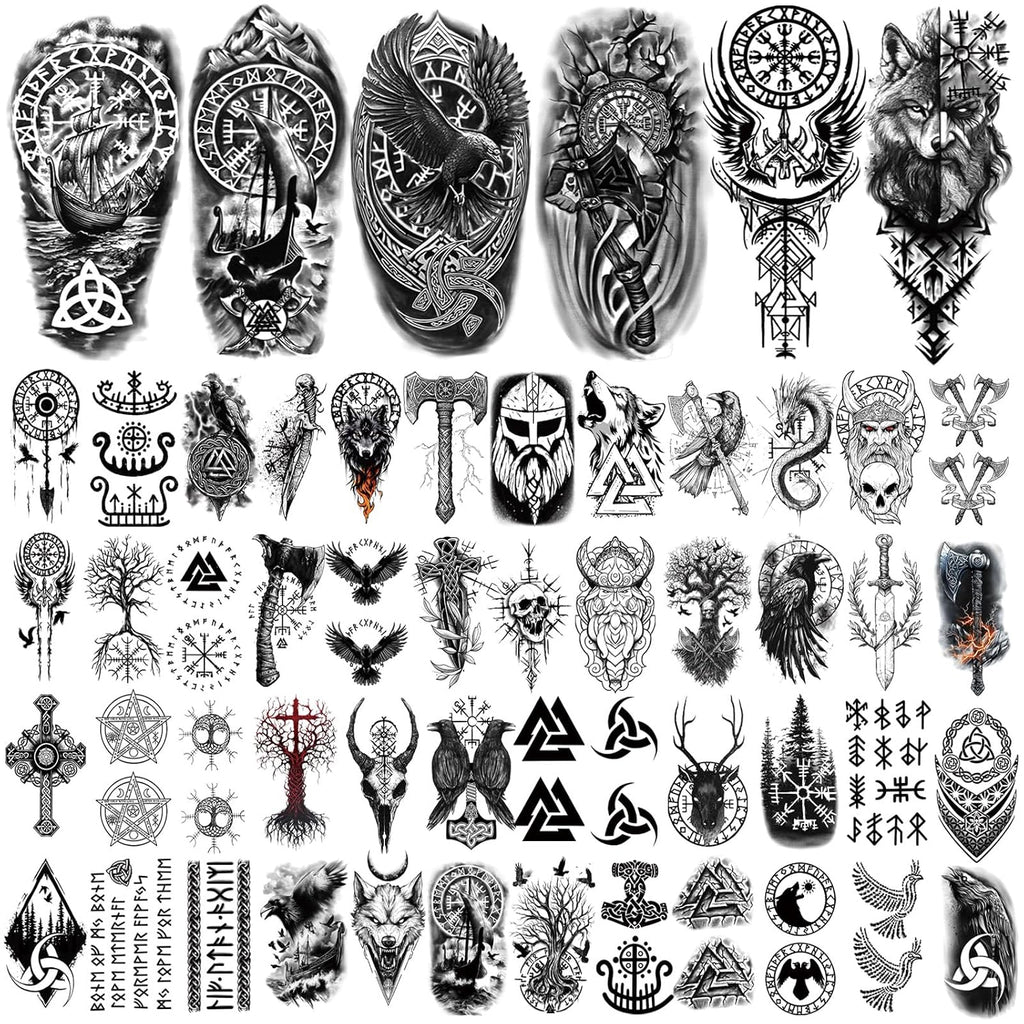 77 Sheets Viking Temporary Tattoos Adult, Nordic Celtic Tattoos, Totem Tribal Fake Tattoo Stickers for Viking Costume, Nordic Norse Yggdrasil Valknut Fake Arm Tattoos for Women Men Kids