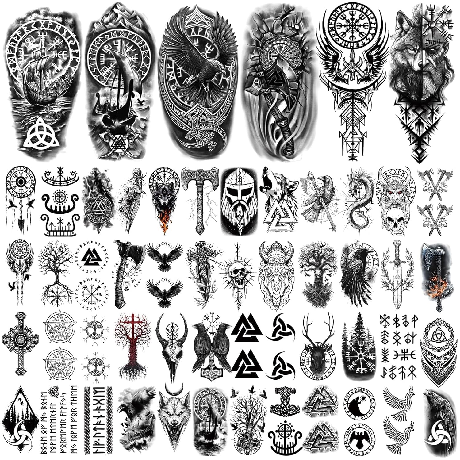 77 Sheets Viking Temporary Tattoos Adult, Nordic Celtic Tattoos, Totem Tribal Fake Tattoo Stickers for Viking Costume, Nordic Norse Yggdrasil Valknut Fake Arm Tattoos for Women Men Kids