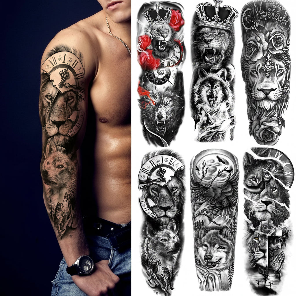 6 Sheets Realistic Lion King Long Full Temporary Tattoos for Women Men Kids Adults, Large Wolf Animal Fake Temporary Tattoo Sleeves Waterproof Leg Arm Temp Tatoos Fake Tattoos