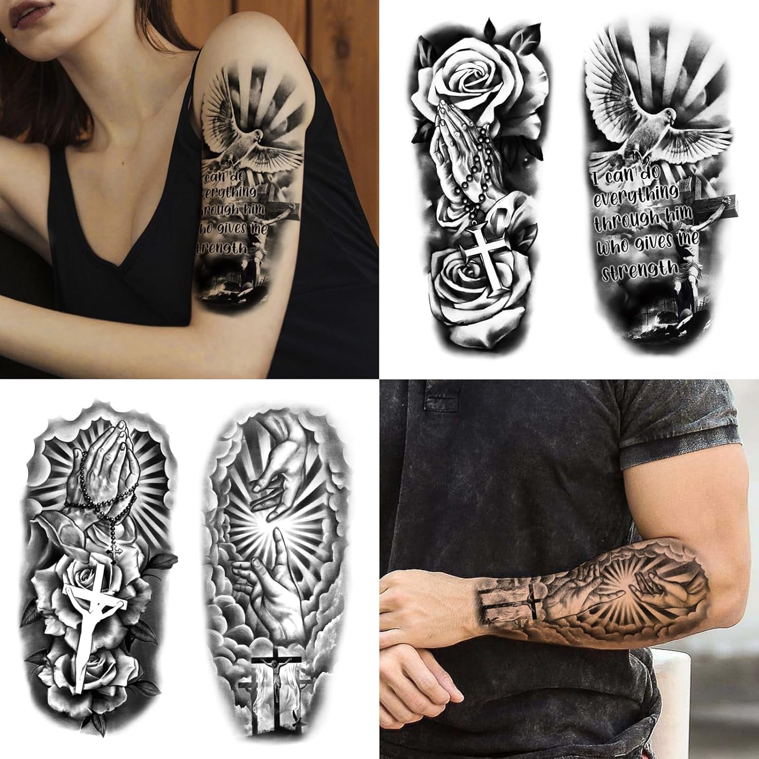 77 Sheets Christian Temporary Tattoo Adult, Religious Jesus Christ Cross Angels God Half Arm Fake Tattoos, Christ Catholic Realistic Tiny Body Temporary Tattoos for Men and Women Kids