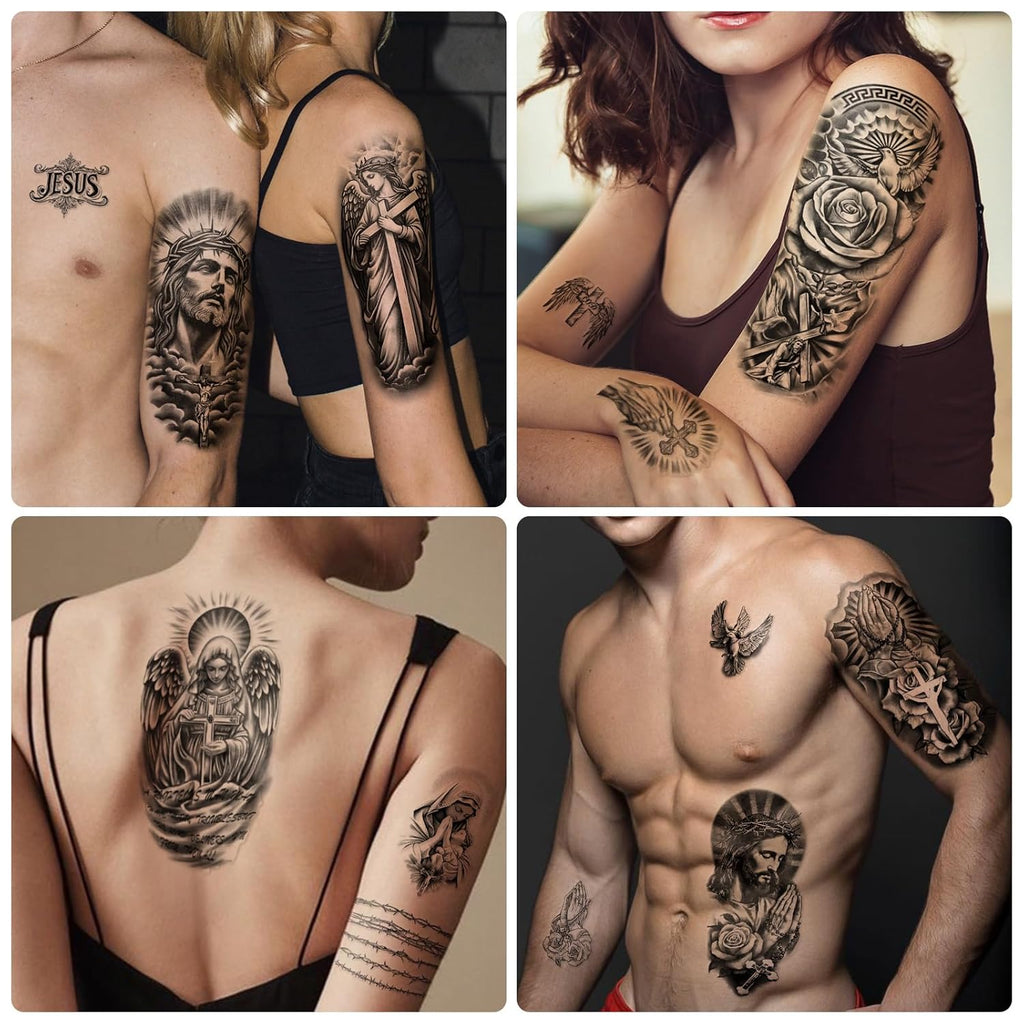 77 Sheets Christian Temporary Tattoo Adult, Religious Jesus Christ Cross Angels God Half Arm Fake Tattoos, Christ Catholic Realistic Tiny Body Temporary Tattoos for Men and Women Kids