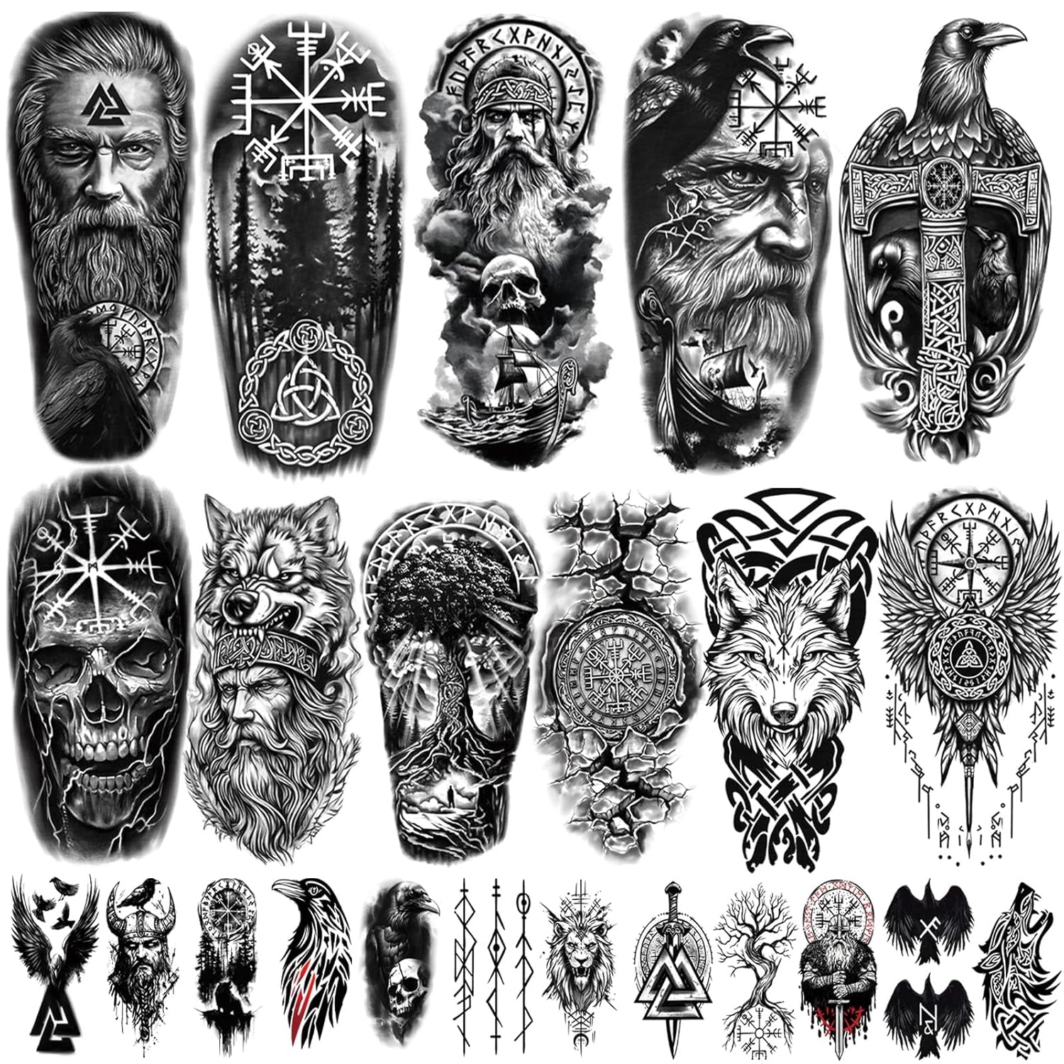 77 Sheets Viking Temporary Tattoos Adult, Nordic Celtic Tattoos, Totem Tribal Fake Tattoo Stickers for Viking Costume, Nordic Norse Yggdrasil Valknut Fake Arm Tattoos for Women Men Kids