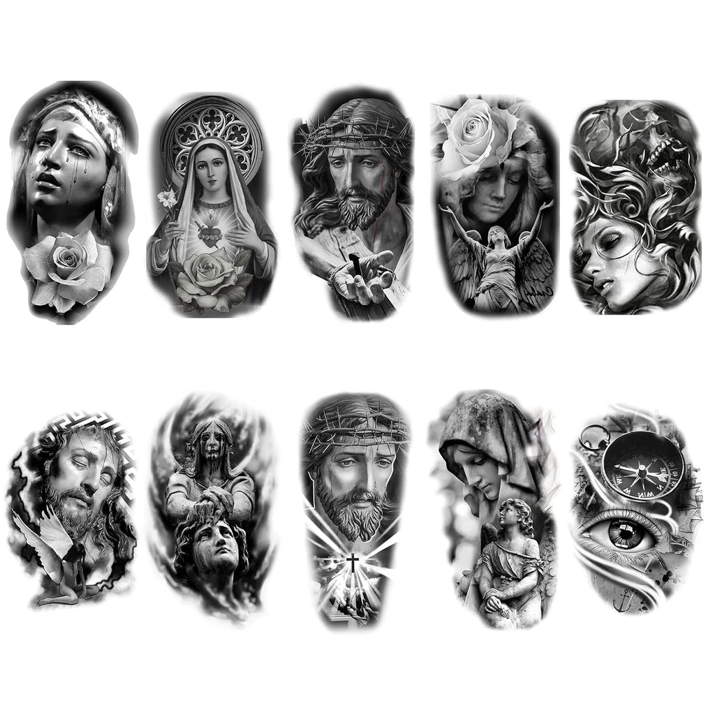 Temporary Tattoo Women Men Temporary Tattoos Black Gray Large Tattoo Jesus Angel 3D Realism Easter Tattoo Tattoo Sleeves10 Sheets